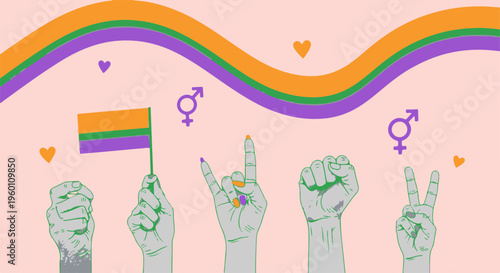 Pride Lgbtq Equality and Gender Diversity Illustration Featuring Hands Symbols and Hearts on Pink