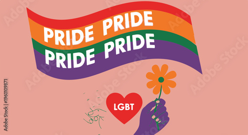 Pride Rainbow Banner with Repeated Pride Text Orange Flower Lgbt Heart and Holding Hand