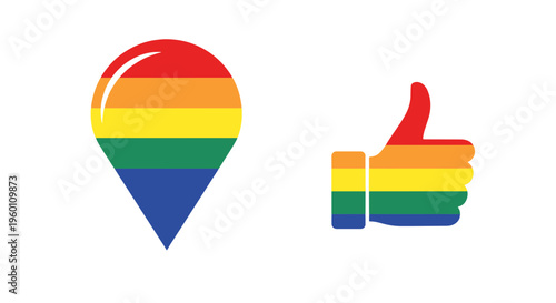 Pride Rainbow Flag Symbols Depicting a Location Pin and a Thumbs Up Approval Icon
