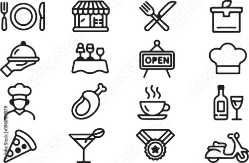 Essential restaurant and food service icons for dining and culinary businesses