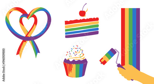 Pride Rainbow Heart Ribbon Cake Cupcake and Paint Roller Celebrating Lgbtq Diversity and Equality