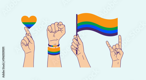 Pride Support Illustration with Diverse Hands Holding Flag Heart and Making Gestures for Inclusion