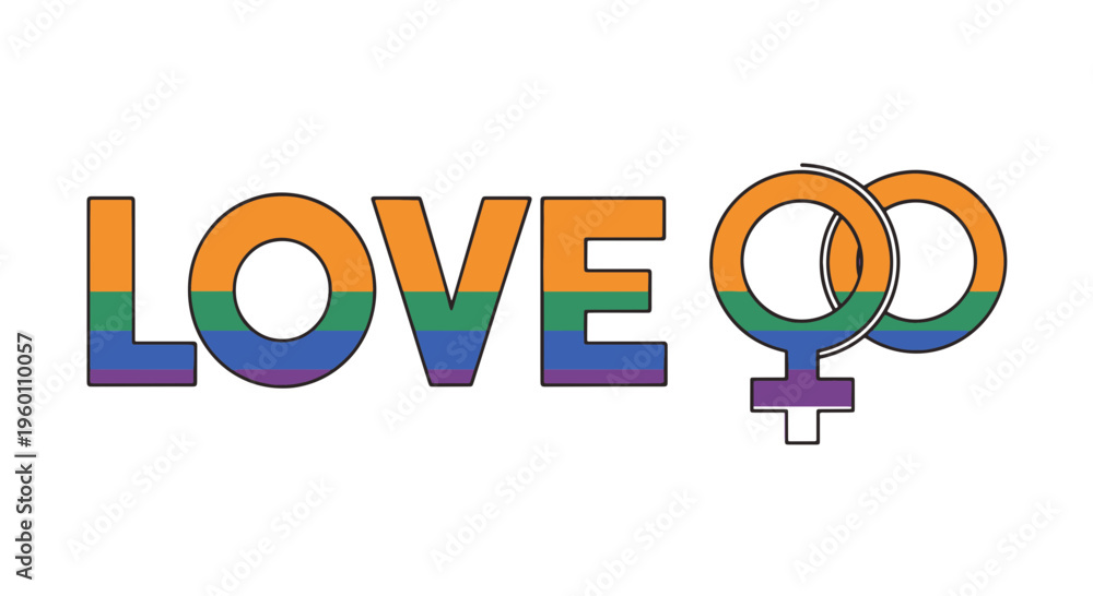 Fototapeta premium Lesbian Love Text and Interlocked Female Gender Symbols in Colorful Striped Illustration