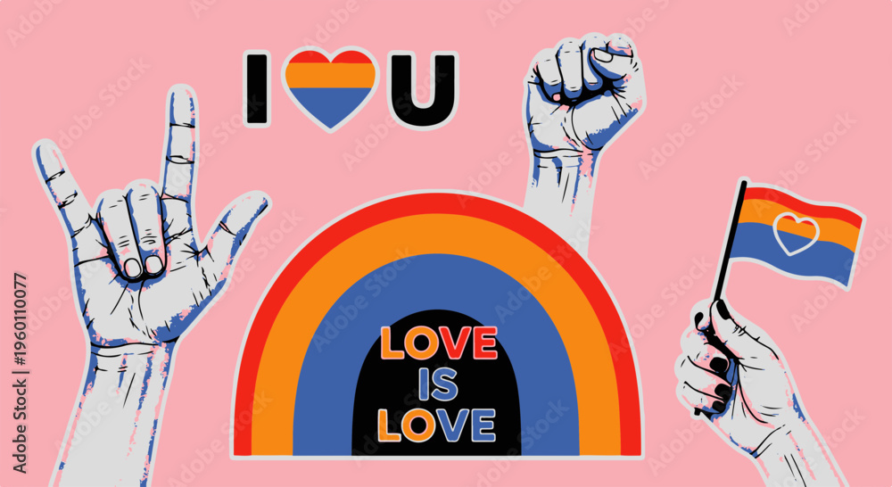 Obraz premium Love and Pride Illustration with Rainbow Heart Hands and Flag in Armenian Colors on Pink Background