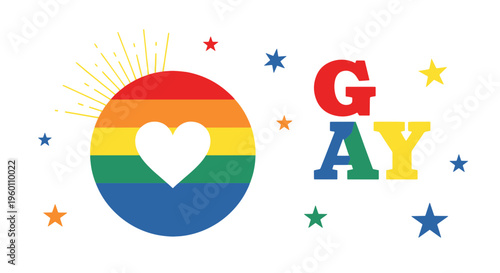 Gay Pride Illustration Featuring a Colorful Rainbow Heart Circle and Stars on a White Background