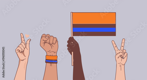 Hands of Diverse People Showing Solidarity with Gestures and an Ally Flag Illustration