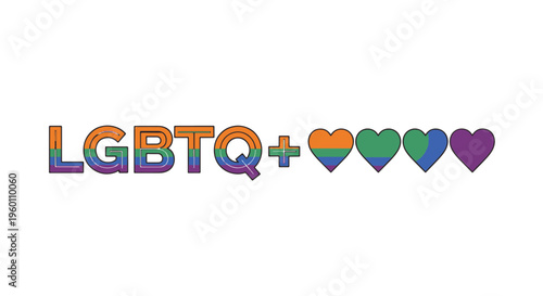 Lgbtq Plus Text with Colorful Striped Letters and Hearts Representing Pride Love and Equality