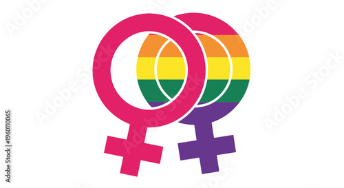Lesbian Pride Symbol Two Female Gender Signs Overlapping with Vibrant Rainbow Flag Colors on White
