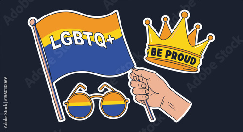 Lgbtq Pride Celebration Featuring a Waving Flag Crown and Sunglasses on Dark Background