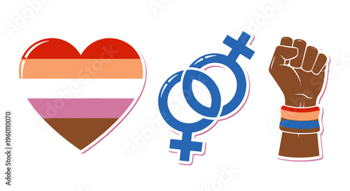 Lesbian Pride Heart Symbol Female Signs and Diverse Fist Representing Women S Rights and Solidarity