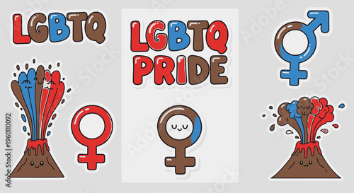 Lgbtq Pride Themed Sticker Collection with Diverse Gender Symbols and Cute Erupting Volcanoes