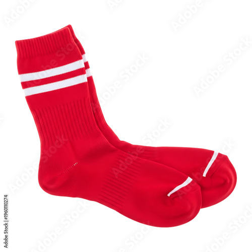 A pair of red socks with white stripes on transparent background