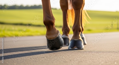Horses crossing paved road in sunlight with hooves on asphalt. Horse hooves clopping on paved surface create rhythmic sounds while surrounded by lush green fields and gentle hills.