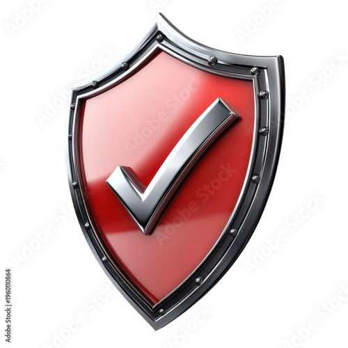 Red shield with a check mark symbol represents security and protection in a digital format on a white background
