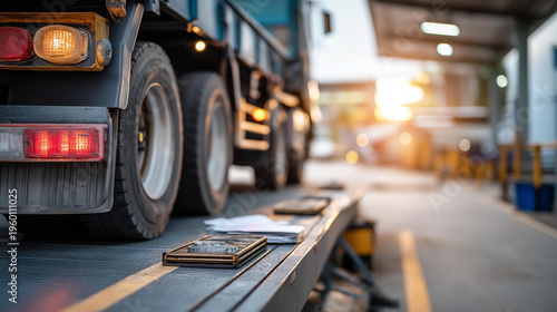 Close up of a commercial truck trailer being weighed on a large platform scale the scale surface showing wear marks from heavy use the trailer wheels positioned precisely on the
