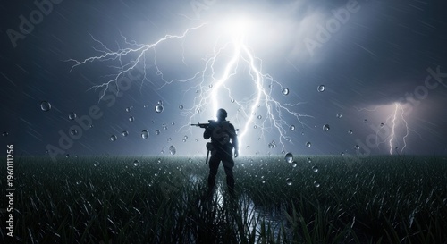 A determined soldier stands in a dark, rain-swept field, silhouetted by intense lightning during a powerful storm, embodying courage, strength, and resilience.