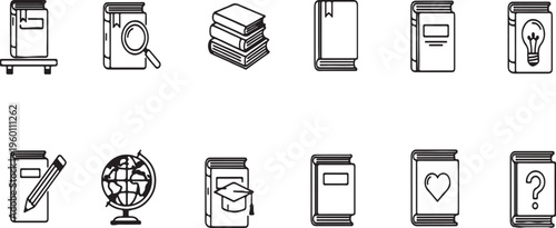 d Education Icon Set, Minimalist Linear Study Symbols, Academic Library Graphics, Education and Learning Vector Illustrations, School Subject Icons