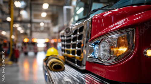 Close up of a bright red fire engine front bumper and chrome grill detail parked inside a clean station bay the bumper reflecting overhead fluorescent lights a coiled fire hose