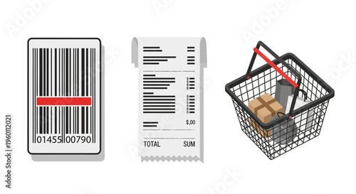 Shopping basket with barcode receipt.