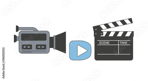 Video camera and movie clapper board.