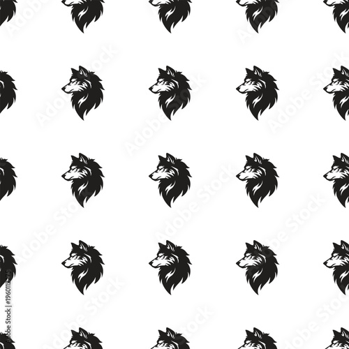 Repeating Black Wolf Head Profile Seamless Pattern Design