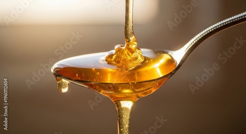 Golden honey drizzling on spoon against warm background