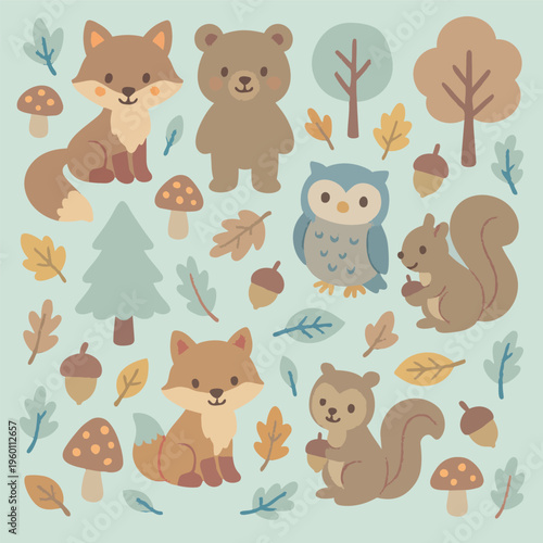 Woodland Forest Animals Trees Fox Owl Squirrel Chipmunk Bear Pattern Cute Sweet Wallpaper Animal Children Kids Adorable Vector Print