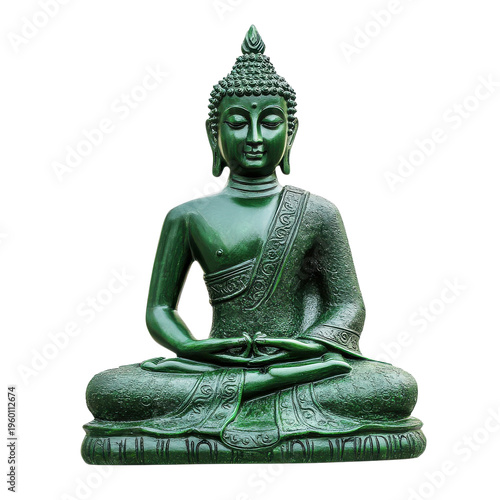 Green Buddha statue sitting in a meditative pose on a flat surface indoors in natural light during daytime