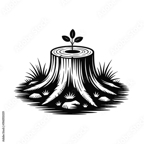 New growth emerges from a tree stump, symbolizing renewal and resilience.