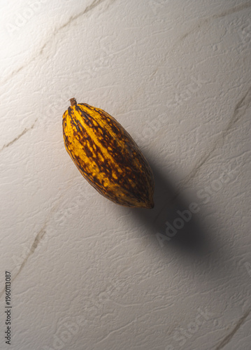 Mazorca de cacao entera sobre superficie de mármol blanco con iluminación dramática