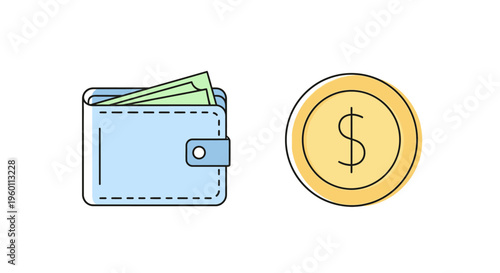 Wallet with money and gold coin.