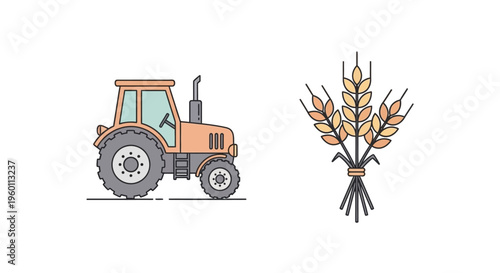 Tractor next to wheat bundle.