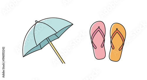 Colorful flip flops and umbrella.