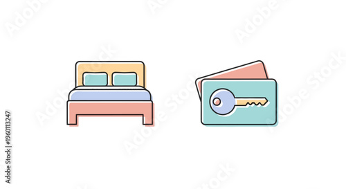 Cartoon bed and wallet icons.