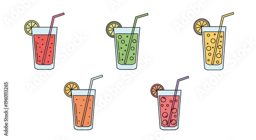 Colorful drinks with straws and slices.