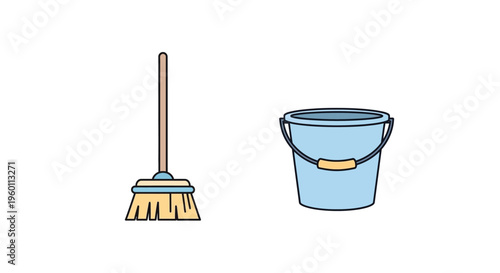 Broom and bucket cleaning tools.