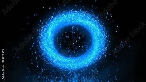 Blue glowing particles dynamically form an intricate circular shape, representing abstract data flow and advanced digital technology in a futuristic setting.