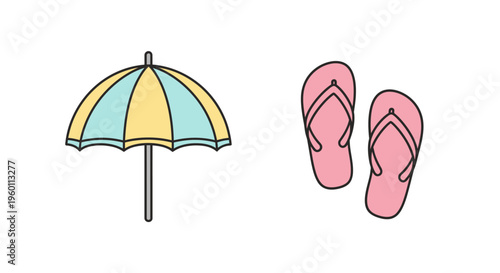 Beach umbrella and pink flip flops.