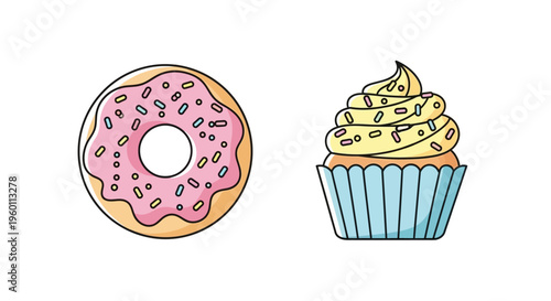 Donut and cupcake sweet treats side by side.