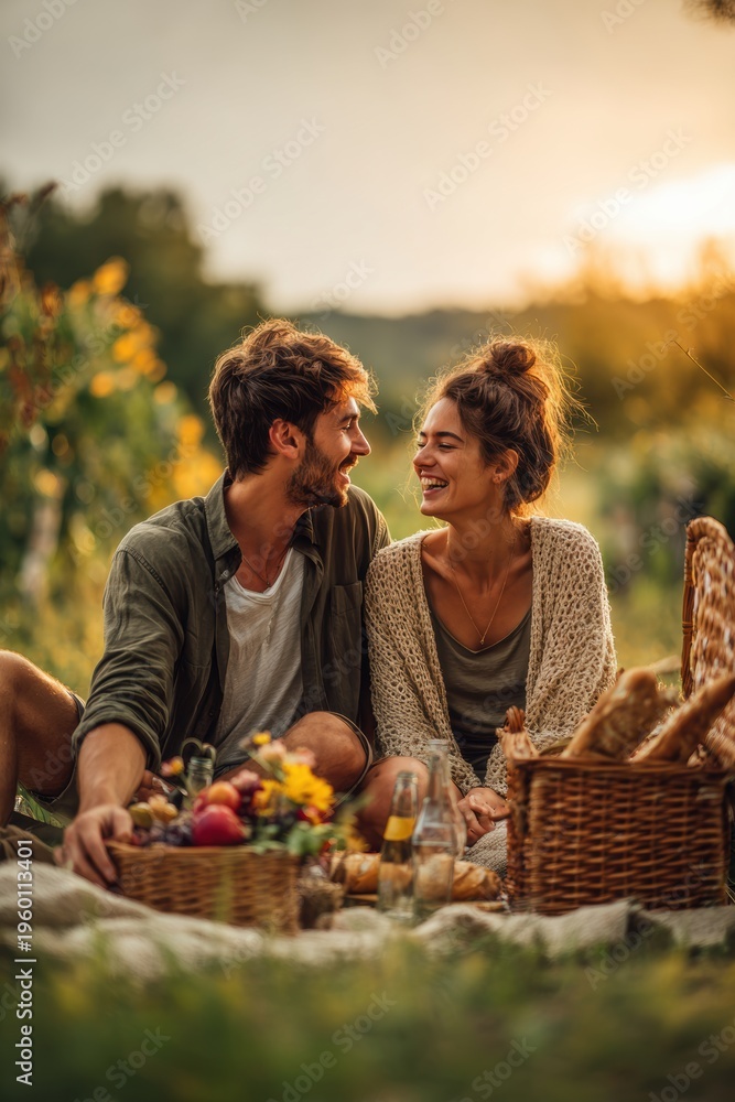 Fototapeta premium Spring Summer outdoor leisure relaxation activity. A candid outdoor portrait of a man and a woman seated on a blanket in a vineyard during sunset. The man, on the left.
