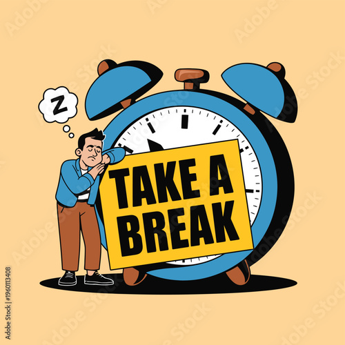 Man is tired and needs to take a break from his alarm clock.