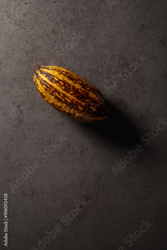 Mazorca de cacao entera sobre superficie de mármol negro con iluminación dramática