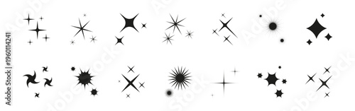 Set of icon glitter star, sparkle sun. Abstract shapes explosion, glow and blinking effects for celebrate party design. Twinkle flash and shiny graphic elements. Isolated vector illustrations.