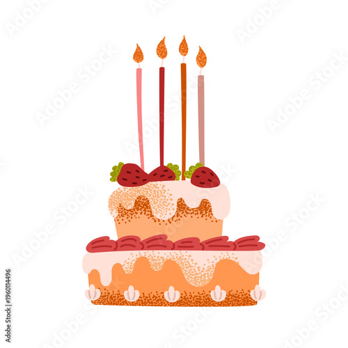 A delicate sponge cake with pink cream and candles. A dessert perfect for birthdays, anniversaries, and weddings. Vector illustration isolated on a white background.