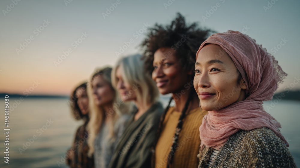 custom made wallpaper toronto digitalFemale diversity. Human rights, equal opportunity concept. A portrait of four women standing by a lake during sunset. The setting sun casts a warm orange and pink hue over the scene.