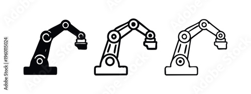 Industrial robotic arm icons set. Automation, manufacturing, and technology concept.