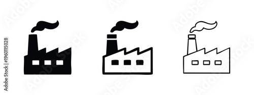 Factory building icons set with chimney smoke. Industrial production, manufacturing, and pollution.