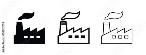 Factory building icons set with chimney smoke. Industrial manufacturing and energy production.