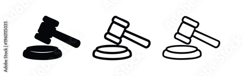 Gavel and sound block icons set. Law, justice, and auction symbols.