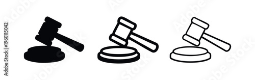 Gavel and sound block icons set. Law, justice, and auction symbols.